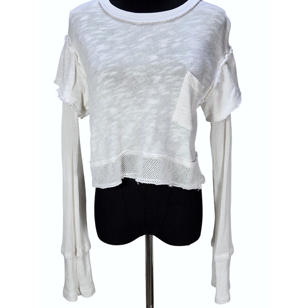 Women's Free People Venice Small White Mesh Layered Long Sleeve Crop Top